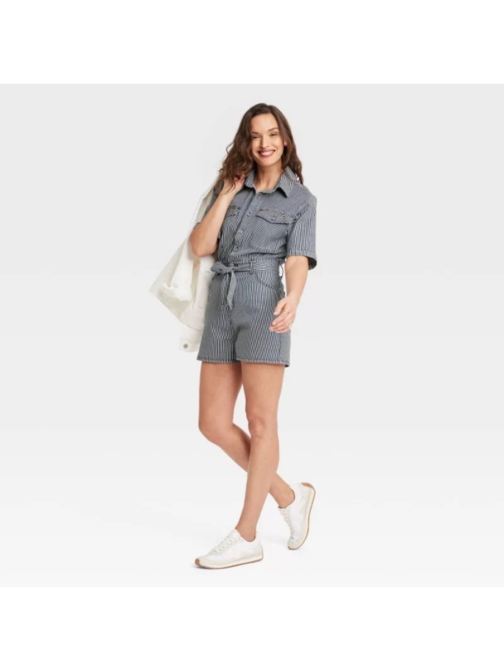 Universal Thread navy Striped Short-Sleeve Tie-Waist Romper